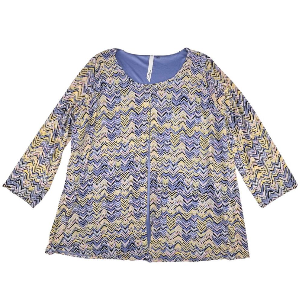 NY Collection Open Cardigan Blouse 1X Art Deco Inspired Chevron Drape Front Top